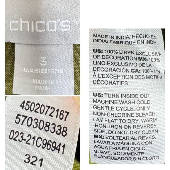 Chico's Jacket Womens 16/18 Olive Green 100% Linen Beaded Zip Front Snap Collar - Picture 10 of 10